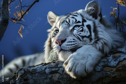 Portrait, white tiger on a branch, AI generated photo