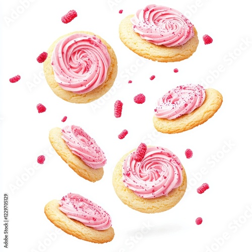 Crispy sugar cookies flying with a smooth pink raspberry frosting swirl, bright white background