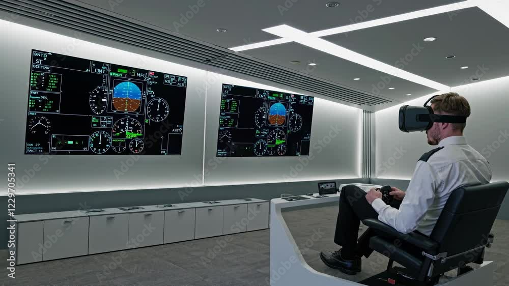 Pilot training in a futuristic virtual reality simulator with advanced HUD interface
