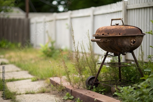 An aged, rusty grill left in a backyard, adding a rustic and weathered charm to the yard's atmosphere.