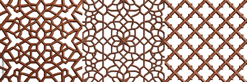 Naklejka premium Visually striking and complex geometric lattice pattern with repeating symmetrical shapes interlocking forms and intricate ornamental design elements