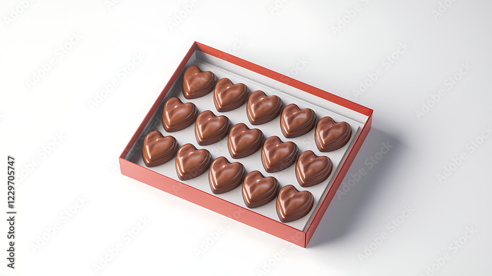 A box of chocolate hearts sits on a white background A box of chocolate hearts sits on a white background