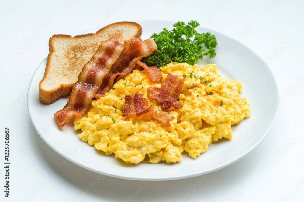 Scrambled eggs and bacon breakfast on a plate clean white background food photography minimalist style close-up delicious morning meal concept