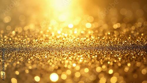 A close-up of a metallic gold glitter textured background, ideal for luxury branding, holiday promotions, fashion lookbooks, and festive event materials. photo