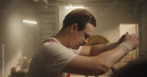 Vintage Athlete Lifting Barbell in Retro Gym