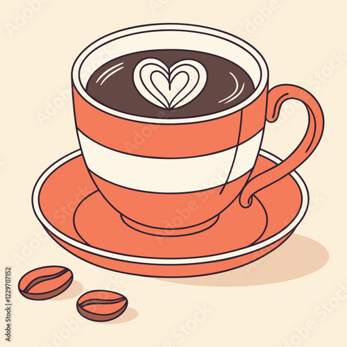 Hand-Drawn Coffee Cup with Heart Latte Art and Coffee Beans,Minimalist Coffee Cup Illustration with Saucer and Beans