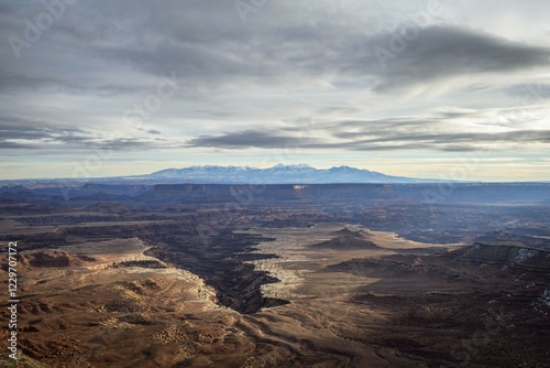 View from Grand View Point Overlook to erosion landscape, rock formations, Monument Basin, White Rim, back mountain range La Sal Mountains, La Sal Range, Island in the Sky, Canyonlands National Park, Utah, USA, North America photo