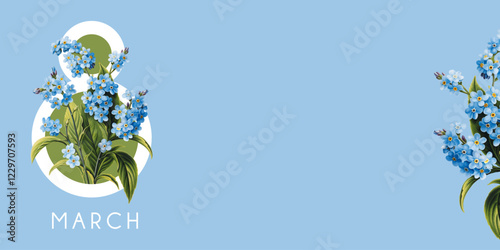 International Women's Day, March 8th greeting card. Vector illustration with forget-me-not flowers.
