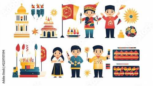 Flat Merdeka Celebration Icons for Festive Designs - Vector Illustration
