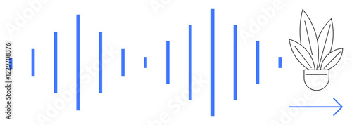 Εκτύπωση καμβά Blue soundwaves of varying lengths extend horizontally, directing towards a potted plant with an arrow pointing forward