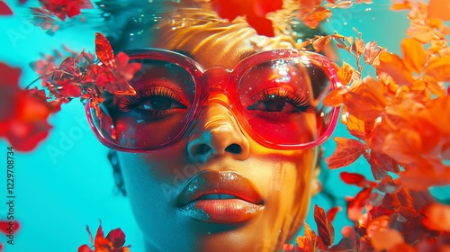 Enchanted Flora Glow, a Black woman surrounded by vibrant plants, immersed in surreal luminescence, showcasing the beauty of nature and light in harmonious colors.