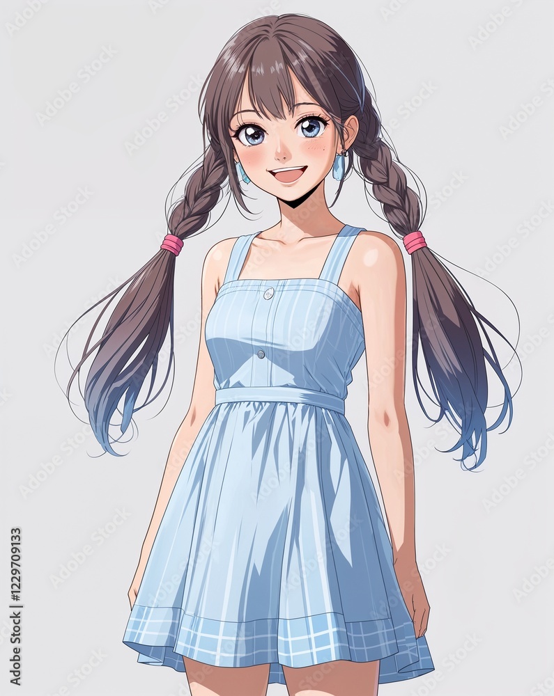 teen female happy twin tails summer dress anime style on plain white background teen female happy twin tails summer dress anime style on plain white background