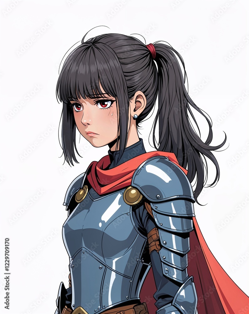 teen female sad ponytail with bangs armor and cape anime style on plain white background teen female sad ponytail with bangs armor and cape anime style on plain white background