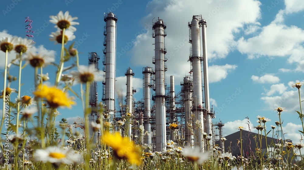 Obraz premium A field of yellow flowers with a large industrial plant in the background. Scene is peaceful and serene, with the contrast between the natural beauty of the flowers