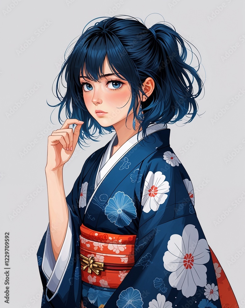 teen female thoughtful messy dark blue hair traditional kimono anime style on plain white background teen female thoughtful messy dark blue hair traditional kimono anime style on plain white background