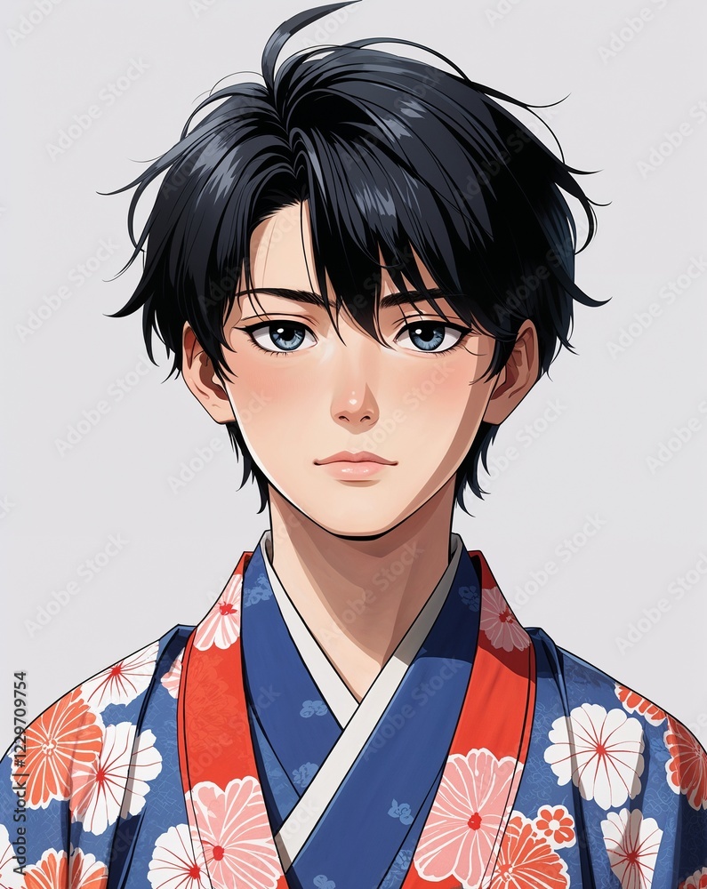 teen male calm short black hair traditional kimono anime style on plain white background