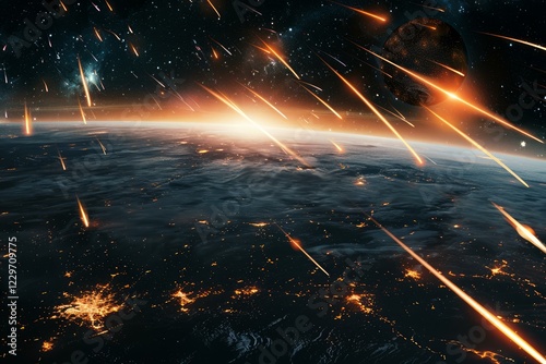 Planet earth is getting bombarded by meteorites during sunrise in this apocalyptic space scene