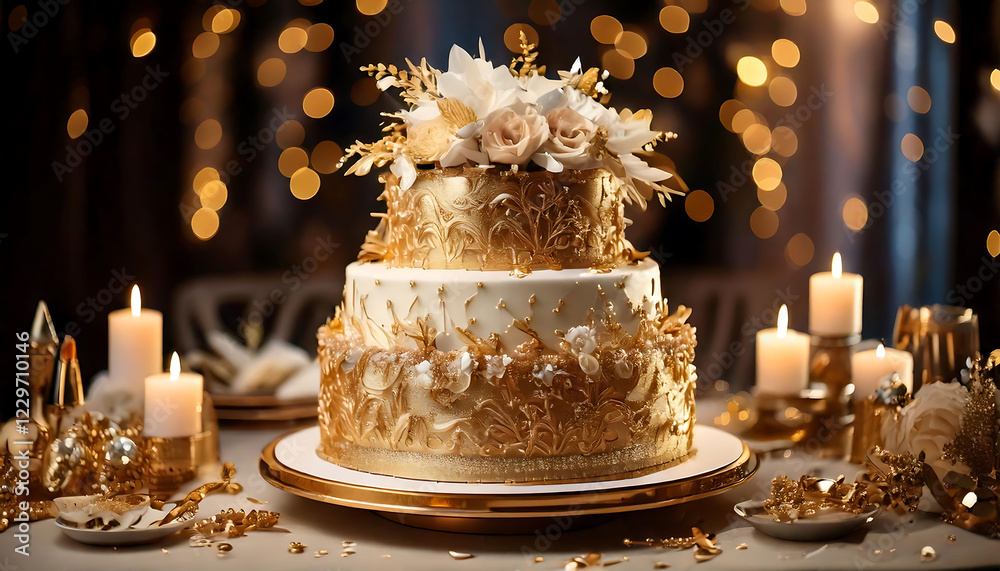 Elegant two-tiered wedding cake adorned with gold leaf detailing and delicate flowers. Perfect for celebrations, invitations, or luxury food blogs. Creates a sophisticated and romantic atmosphere. Elegant two-tiered wedding cake adorned with gold leaf detailing and delicate flowers. Perfect for celebrations, invitations, or luxury food blogs. Creates a sophisticated and romantic atmosphere.