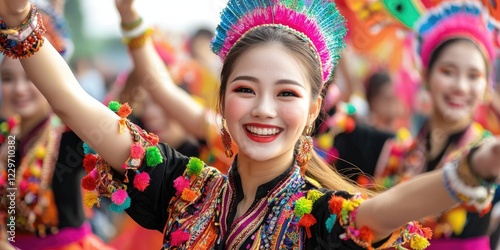 vibrant effection in motion during a cultural dance celebration, intricate patterns in costumes, happy faces, dynamic choreography, minimalistic background photo