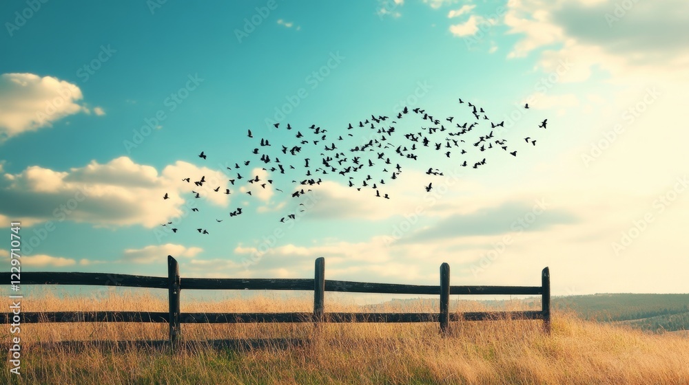 Fototapeta premium A flock of birds flying over a fence in a field. The birds are scattered in the sky, with some flying higher and others closer to the ground. Concept of freedom and movement
