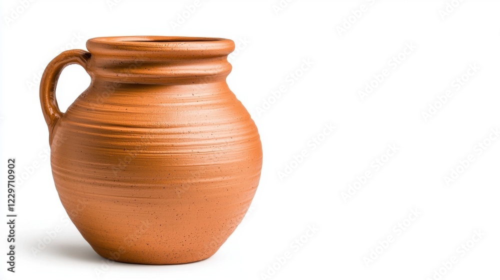 A simple clay pot with a rounded body and a handle, showcasing a natural terracotta finish. A simple clay pot with a rounded body and a handle, showcasing a natural terracotta finish.