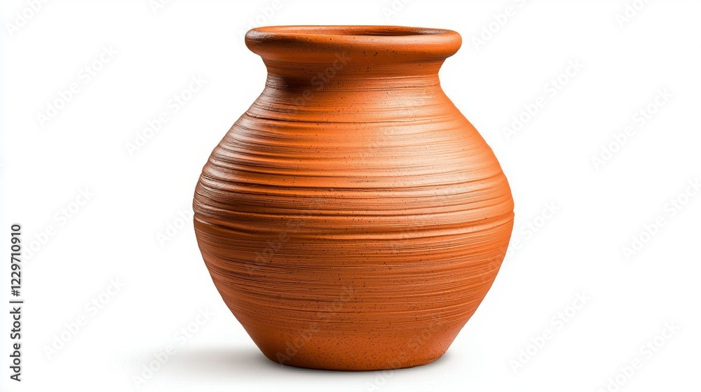 A simple, round clay pot with a smooth texture and warm orange hue, showcasing traditional craftsmanship and rustic charm. A simple, round clay pot with a smooth texture and warm orange hue, showcasing traditional craftsmanship and rustic charm.