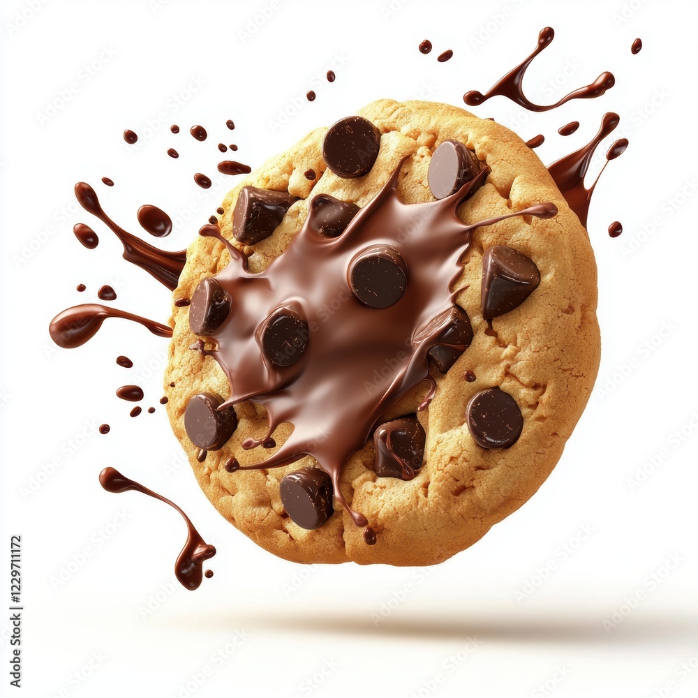 Fototapeta premium flying chocolate chip cookie with melted chocolate splashes, isolated on a white background