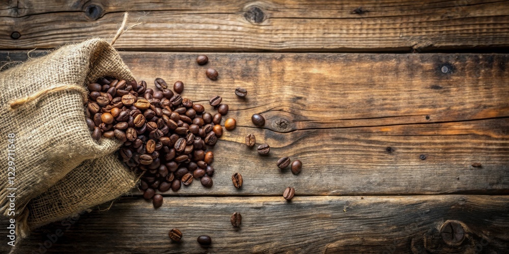 A rustic burlap sack overflowing with roasted coffee beans spills onto a weathered wooden surface, creating a rich aroma and inviting ambiance. A rustic burlap sack overflowing with roasted coffee beans spills onto a weathered wooden surface, creating a rich aroma and inviting ambiance.