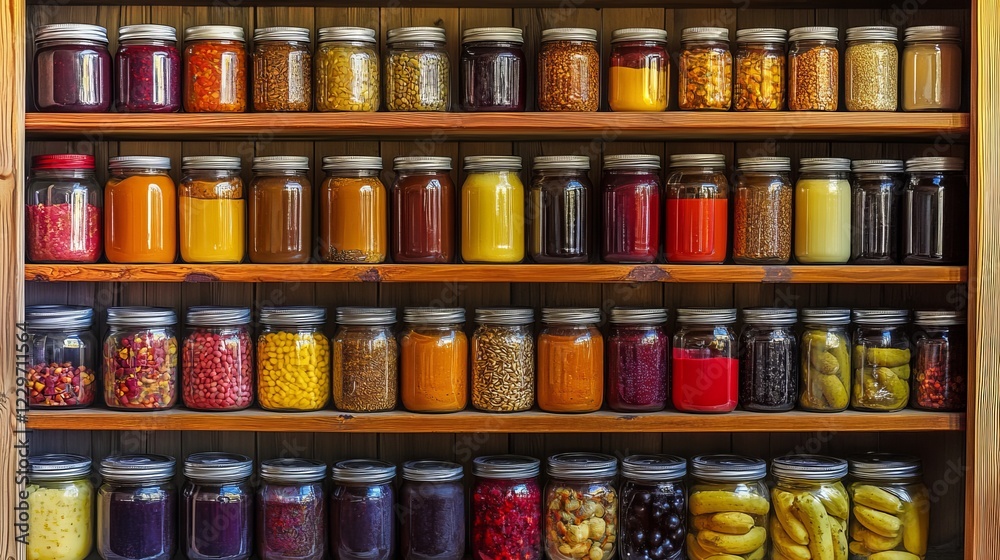Goods in Jars Displayed on a Market Stand, Colorful Local Products for Sale, Fresh Produce and Handcrafted Items at Outdoor Farmers Market Stall. Goods in Jars Displayed on a Market Stand, Colorful Local Products for Sale, Fresh Produce and Handcrafted Items at Outdoor Farmers Market Stall.