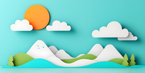 Gordijnen Koraalgroen Landscape with mountains and sea waves in paper cut style  © Oksana_Latysheva