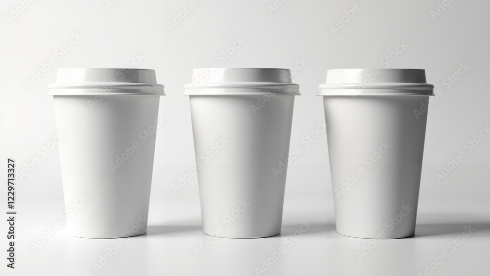 Three glossy white takeaway coffee cup mockups isolated on white background, ideal for branding, advertising, and cafe promotions. Three glossy white takeaway coffee cup mockups isolated on white background, ideal for branding, advertising, and cafe promotions.