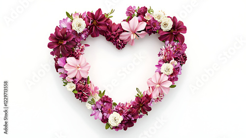 A heart made of flowers is displayed on a white background