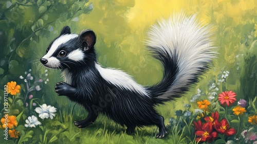 Cute Skunk in Flowery Meadow.  Possible use Children's book illustration photo