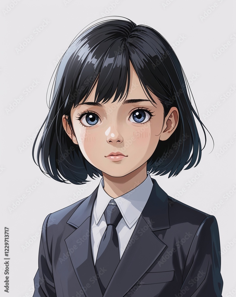 child female curious short black hair formal suit anime style on plain white background child female curious short black hair formal suit anime style on plain white background