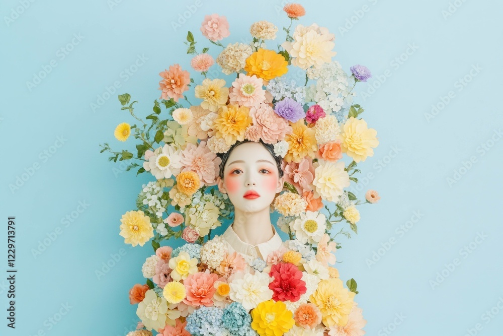 Fototapeta premium A serene portrait of an Asian model surrounded by a vibrant bouquet of flowers, showcasing pastel colors and a calm expression, representing beauty and nature
