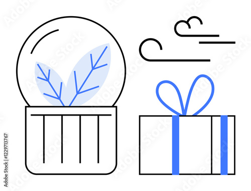 Potted plant in glass terrarium beside a gift box tied with a blue ribbon and a wind illustration. Ideal for nature themes, gift giving, celebrations, holidays, eco-friendly topics, minimalist