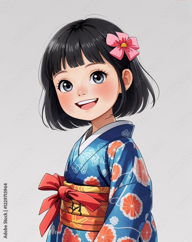child female happy short black hair traditional kimono anime style on plain white background child female happy short black hair traditional kimono anime style on plain white background