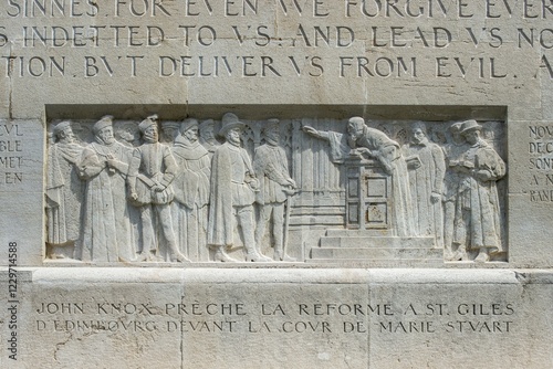 John Knox preaches in the Church of St Giles in Edinburgh in front of the court of Maria Stuarts, Relief at the International Monument of the Reformation, 1909-1917, sculptor Paul Landowski, Geneva, Switzerland.