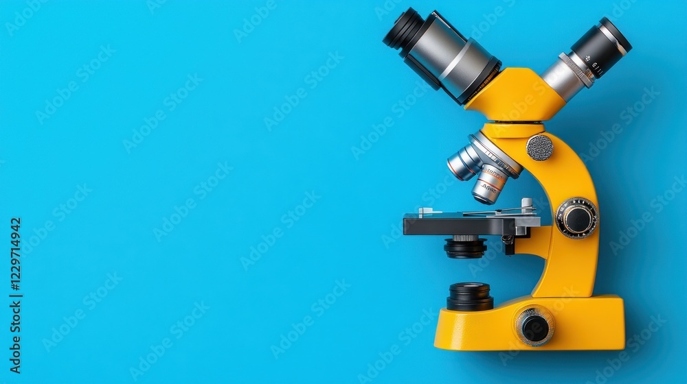 Vibrant Yellow Microscope on a Blue Background: A Symbol of Scientific Discovery and Technological Advancement Vibrant Yellow Microscope on a Blue Background: A Symbol of Scientific Discovery and Technological Advancement