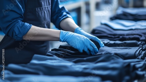 A US textile factory worker folding garments, wearing gloves, isolated on a bright white background, photo