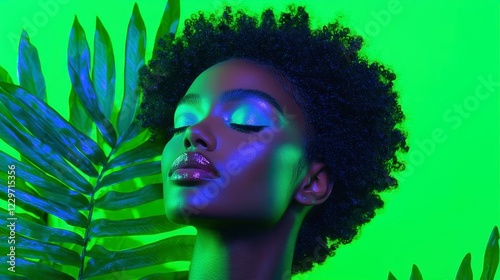 Enchanting Green Oasis, a Black woman immersed in vibrant colors and whimsical foliage, exuding tranquility and wonder in a serene, lush environment.