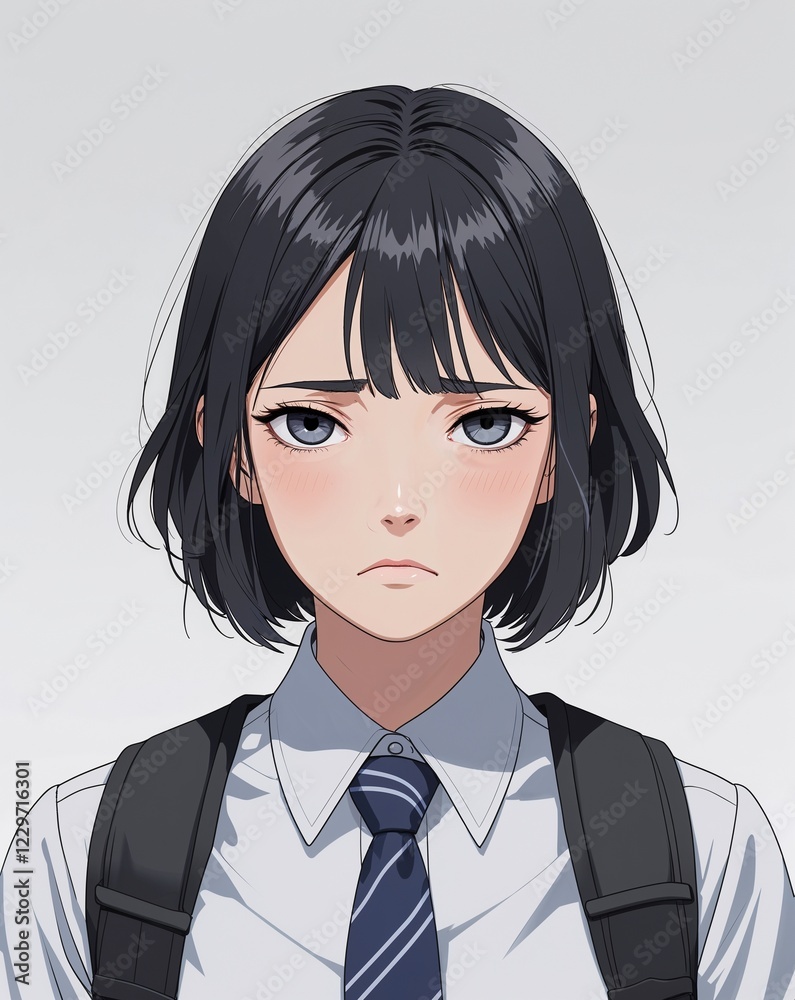 elderly female sad short black hair school uniform anime style on plain white background elderly female sad short black hair school uniform anime style on plain white background