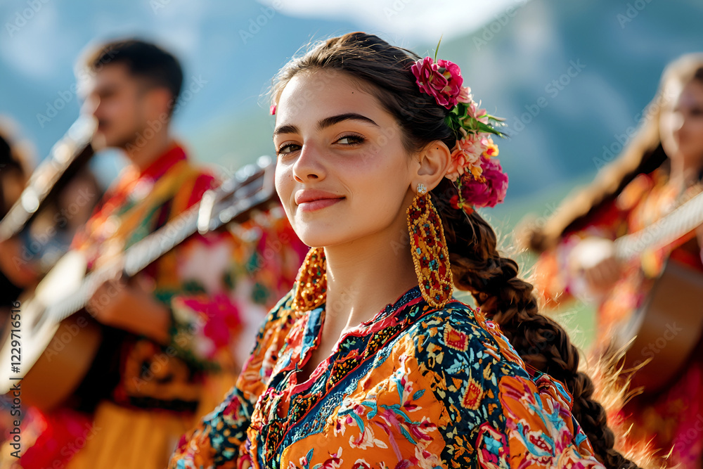 Fototapeta premium Bosnian young female in traditional colorful attire with flower accessories performing outdoors, Bosnia and Herzegovina Independence Day