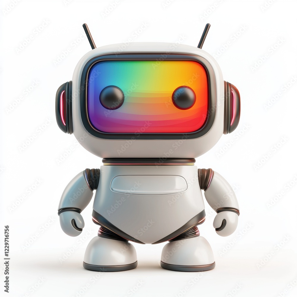 child-friendly robot with a rainbow-colored screen face and soft round features, placed on a clean white background child-friendly robot with a rainbow-colored screen face and soft round features, placed on a clean white background