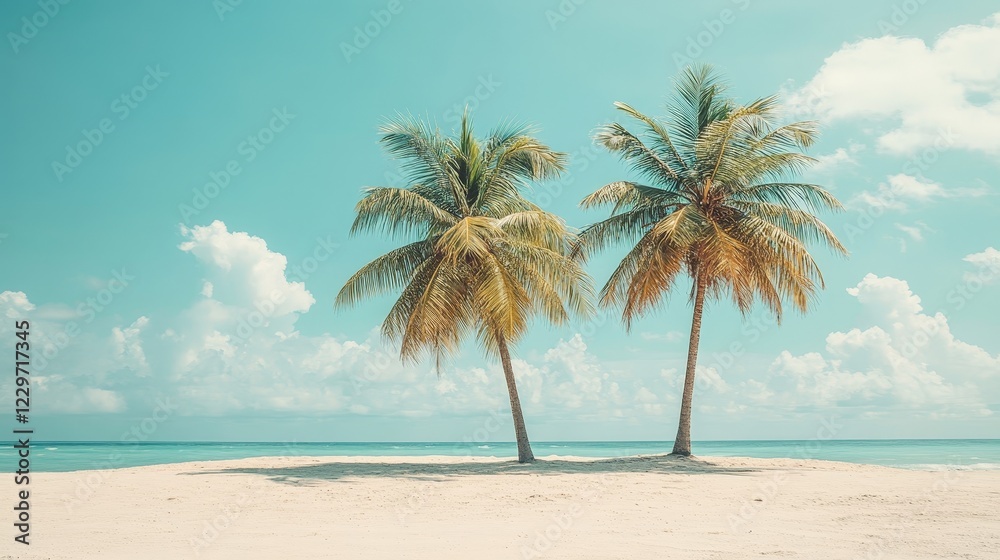 Fototapeta premium A scenic tropical beach with palm trees and golden hour lighting, showcasing tranquility and beauty. Ideal for travel or vacation themes.