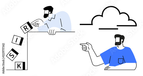 Man tipping blocks spelling out RISK over the edge, another man pointing towards the horizon and clouds. Ideal for business strategy, decision making, risk management, teamwork, foresight