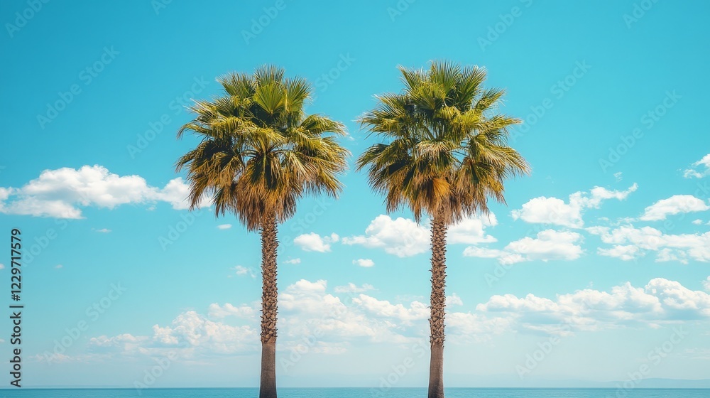 Obraz premium A scenic tropical beach with palm trees and golden hour lighting, showcasing tranquility and beauty. Ideal for travel or vacation themes.