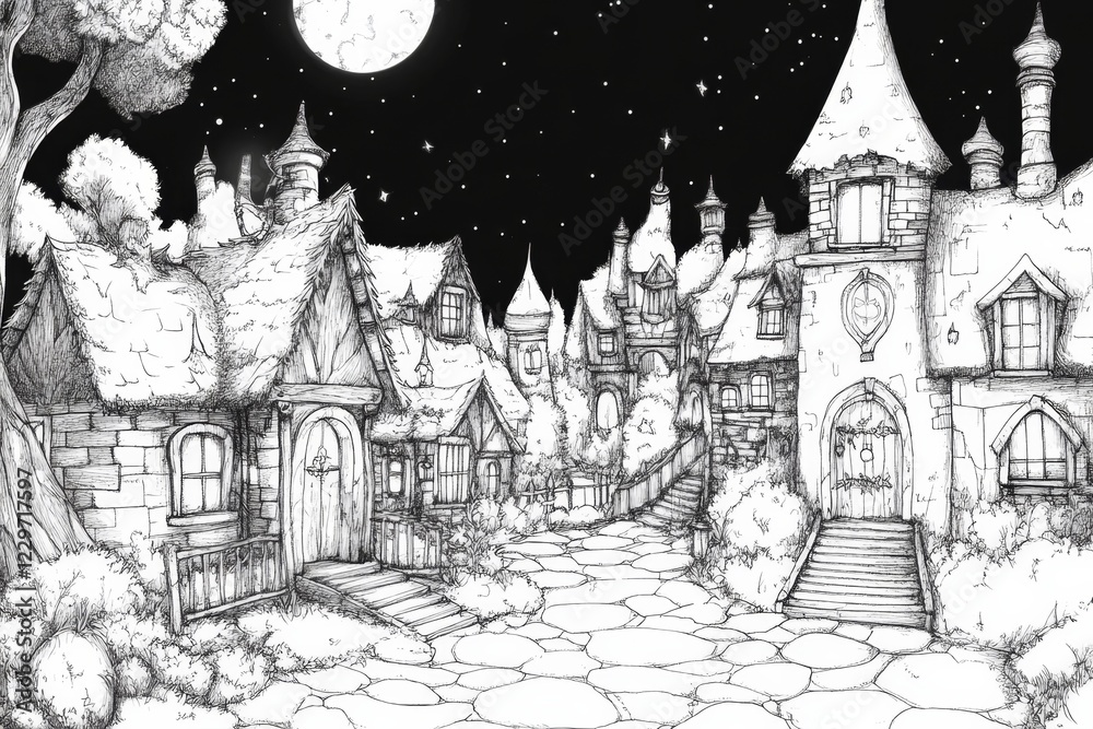 Enchanted Night Village Sketch Enchanted Night Village Sketch