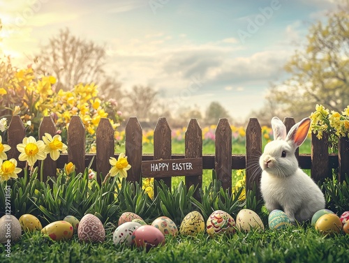 Cute bunny sitting next to colorful Easter eggs in a spring garden with flowers and a wooden fence