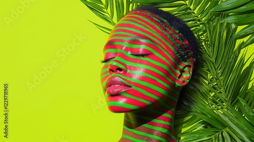 Vibrant Patterns in Nature, a Black woman surrounded by colorful designs and lush greenery, embodying the harmony of culture and the wilderness in a dreamlike setting photo